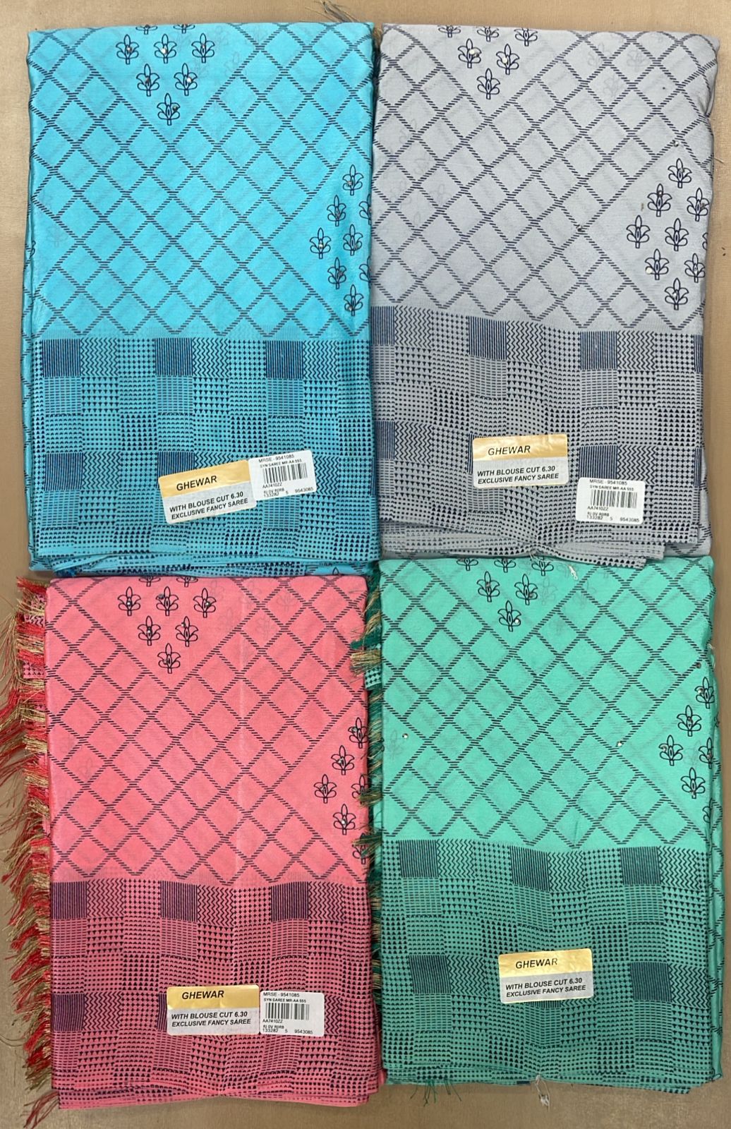 Soft Silk Ghewar Print Fancy Saree Set (4 Pcs Combo) Lightweight Daily Wear Sarees with Blouse Trending Collection by M.R. Saree Emporium