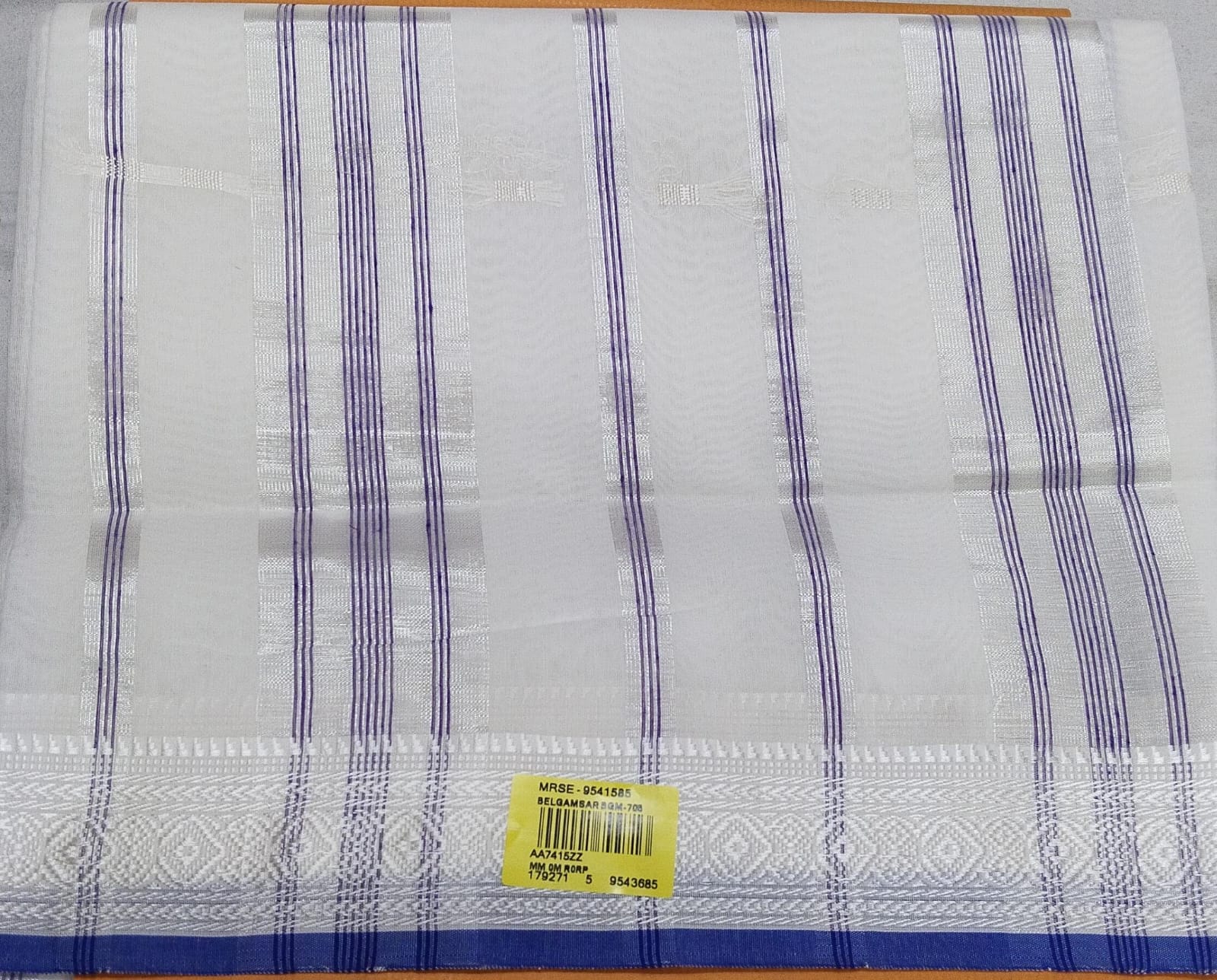 Elegant 9 Wari Cotton Saree with Silver Border & Blue Stripes – M.R. Saree Emporium