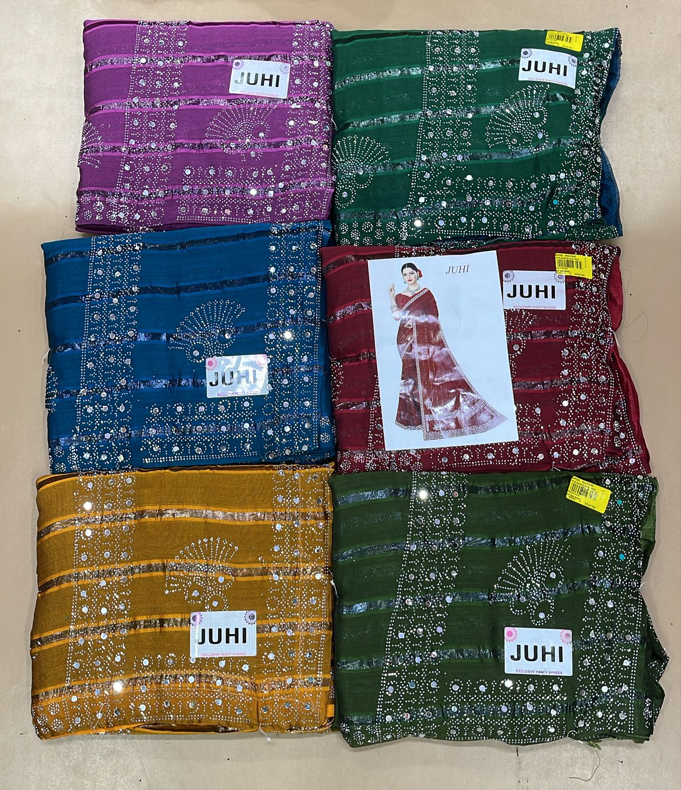 EkStree Fancy Stone Work Georgette Saree 6 Pcs Set with Exclusive Print & Designer Border – Wholesale Collection by M.R. Saree Emporium