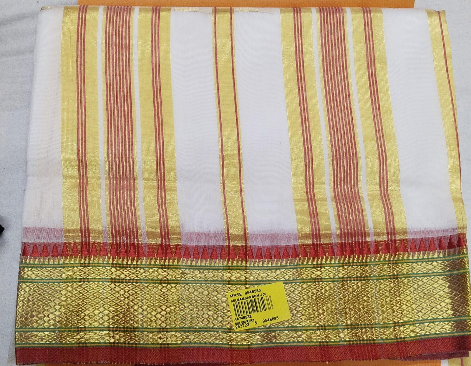 Traditional 9 Wari Cotton Saree with Rich Red & Gold Zari Border – M.R. Saree Emporium