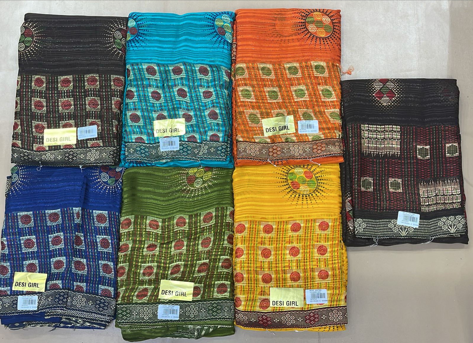 Georgette Abstract Print Fancy Saree Set (7 Pcs Set) Lightweight Daily Wear Designer Sarees with Border-M.R. Saree Emporium