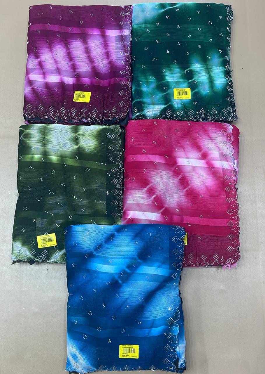 Designer Chiffon Saree with Tie Dye Pattern and Stone Work Border - Lightweight Party Wear Fancy Saree Collection (5 Colors Set) - M.R. Saree Emporium