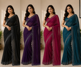 Jimmy Choo Saree with Heavy Stone Work Border - Designer Party Wear Fancy Saree Collection (4 Colors Set) - M.R. Saree Emporium