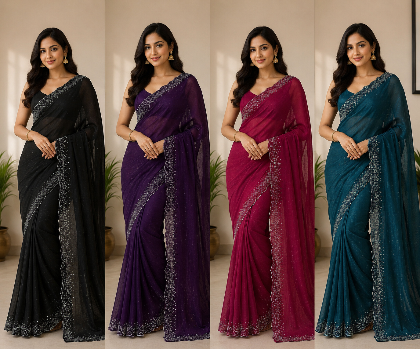 Jimmy Choo Saree with Heavy Stone Work Border - Designer Party Wear Fancy Saree Collection (4 Colors Set) - M.R. Saree Emporium