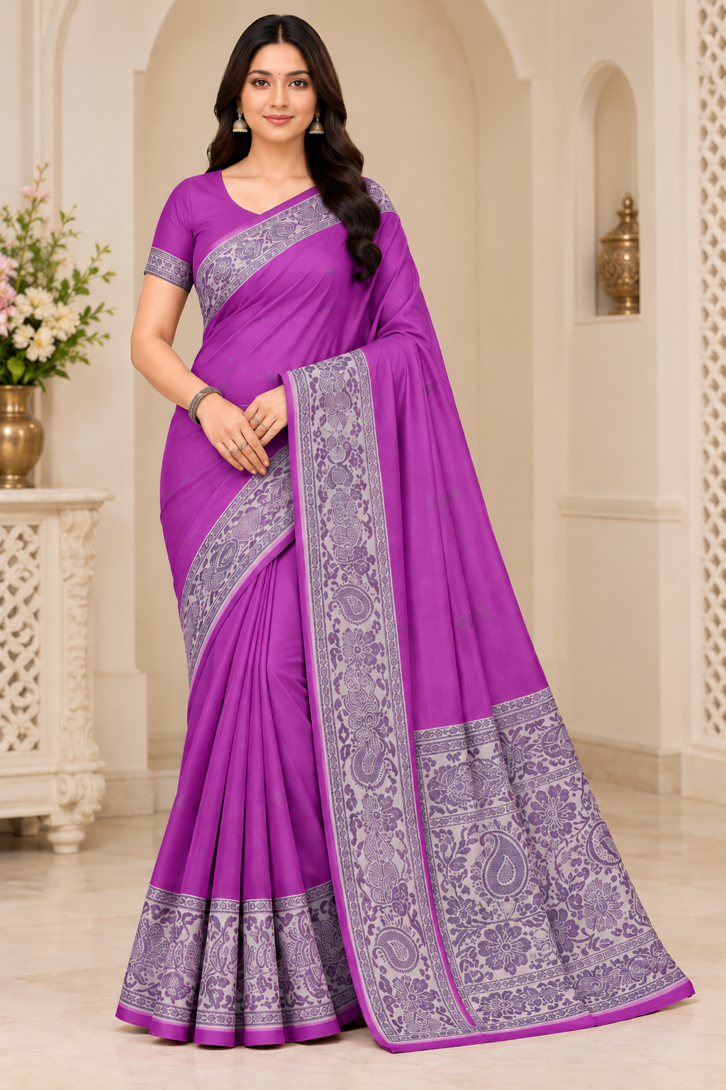 Cotton Green Traditional Jacquard Border Saree - 15 Pcs Set.