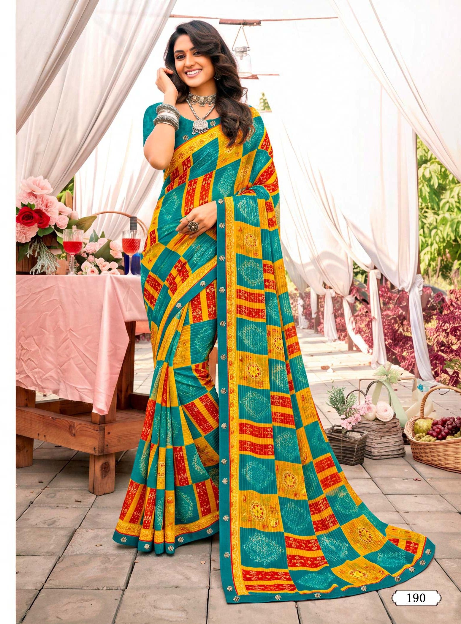 Ladorani Tulsi Printed Saree with Designer Border 8 pcs set
