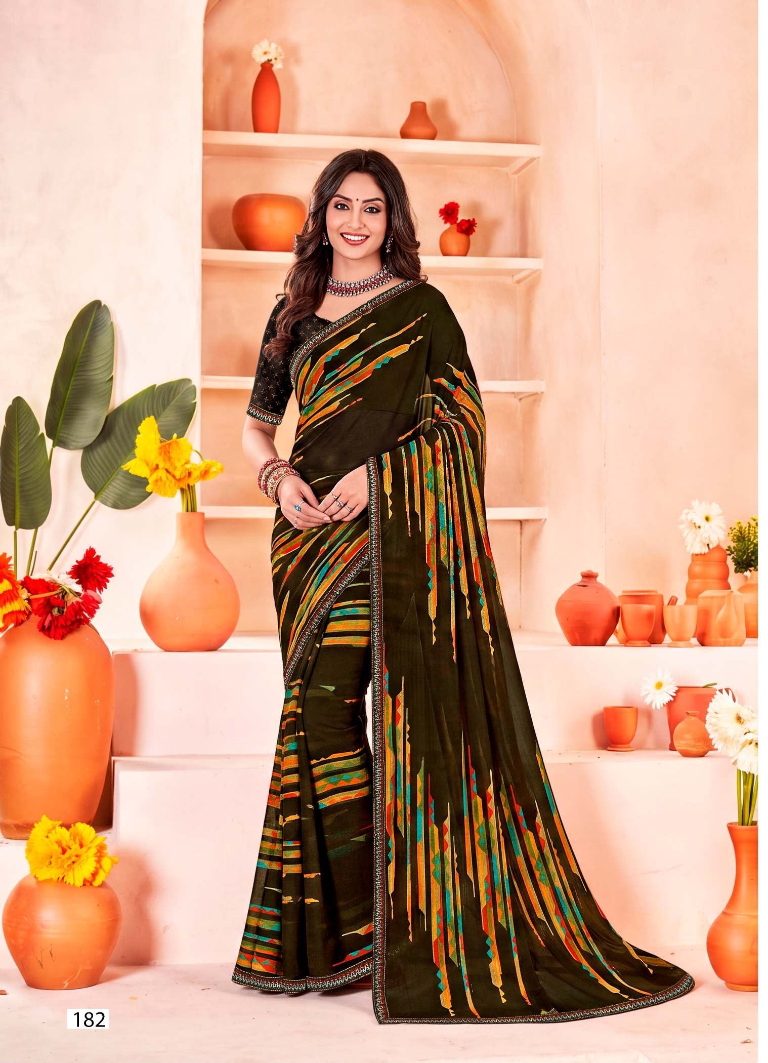 Ladorani Meera Multicolor Striped Saree with Designer Border - 8 Pcs Set