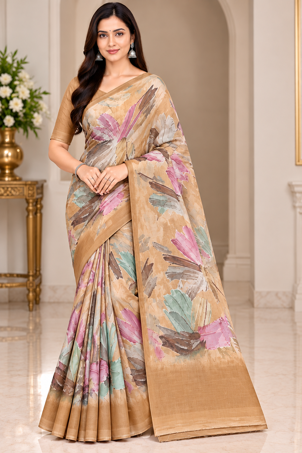 Weightless Abstract Floral Printed Saree-4 Pcs Set.
