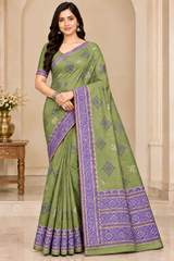 Cotton Green Woven Border Designer Saree - 14 Pcs Set