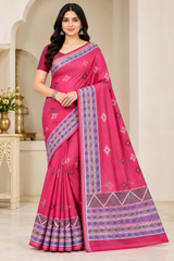 Cotton Teal Blue Printed Saree with Designer Geometric Border-14 Pcs Set.