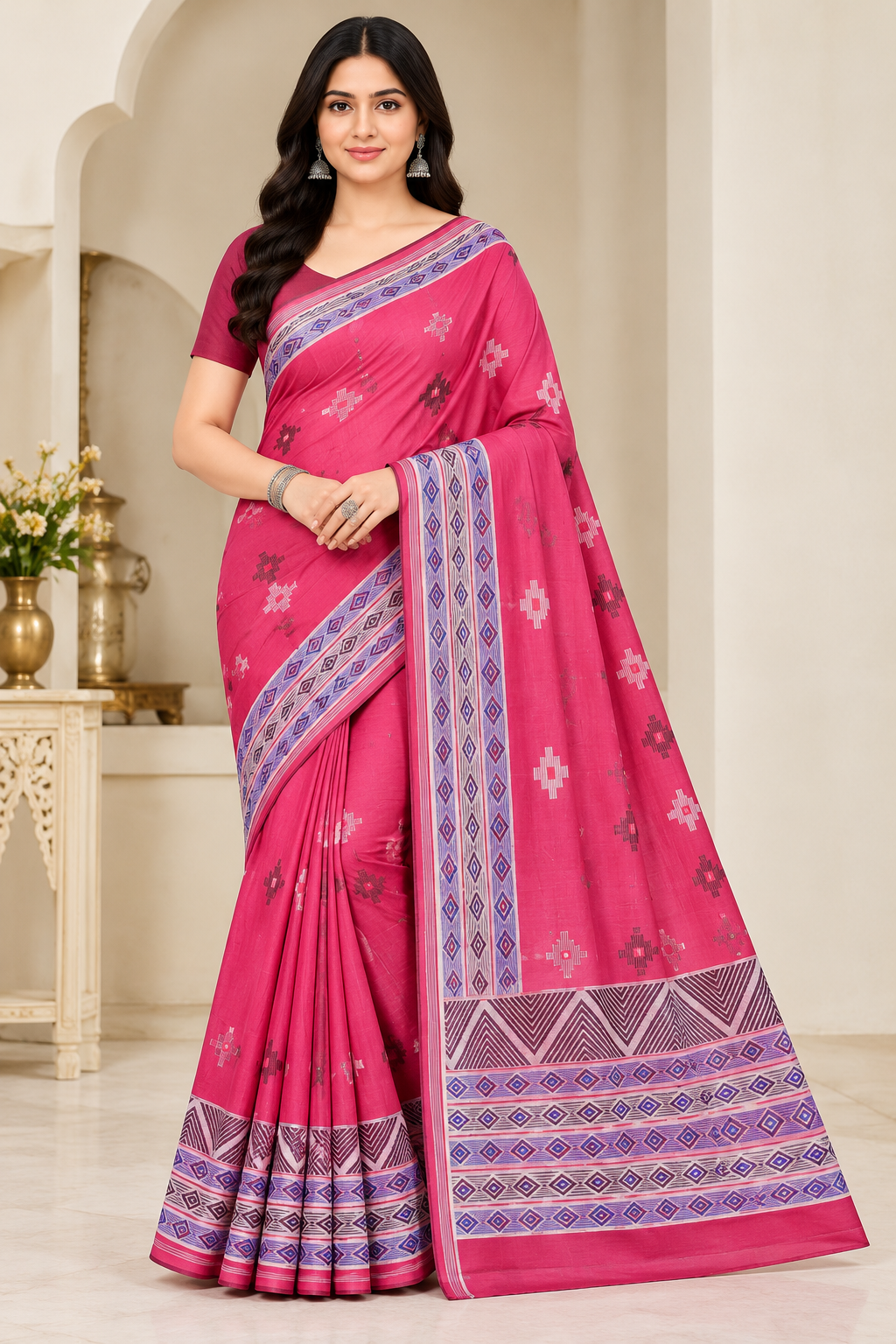 Cotton Teal Blue Printed Saree with Designer Geometric Border-14 Pcs Set.