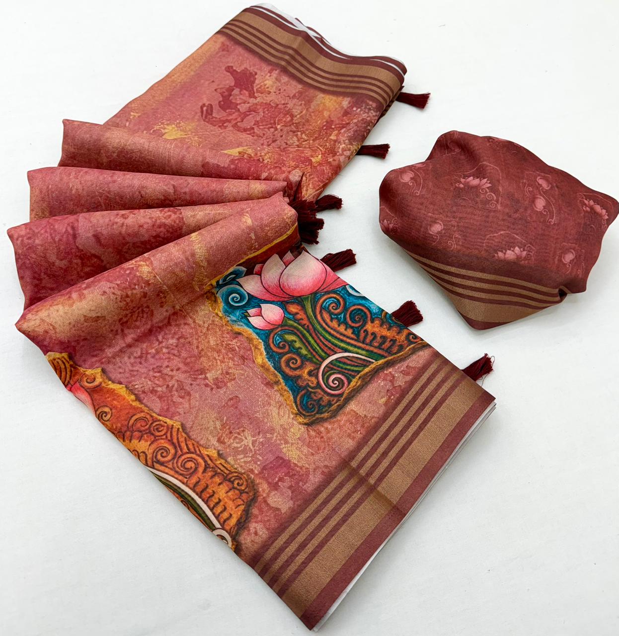 RajYog Kaira Handloom Cotton Silk Saree with Print & Tassels