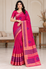 Cotton Pink Printed Saree with Contrast Border and Designer Pallu-15 Pcs Set.