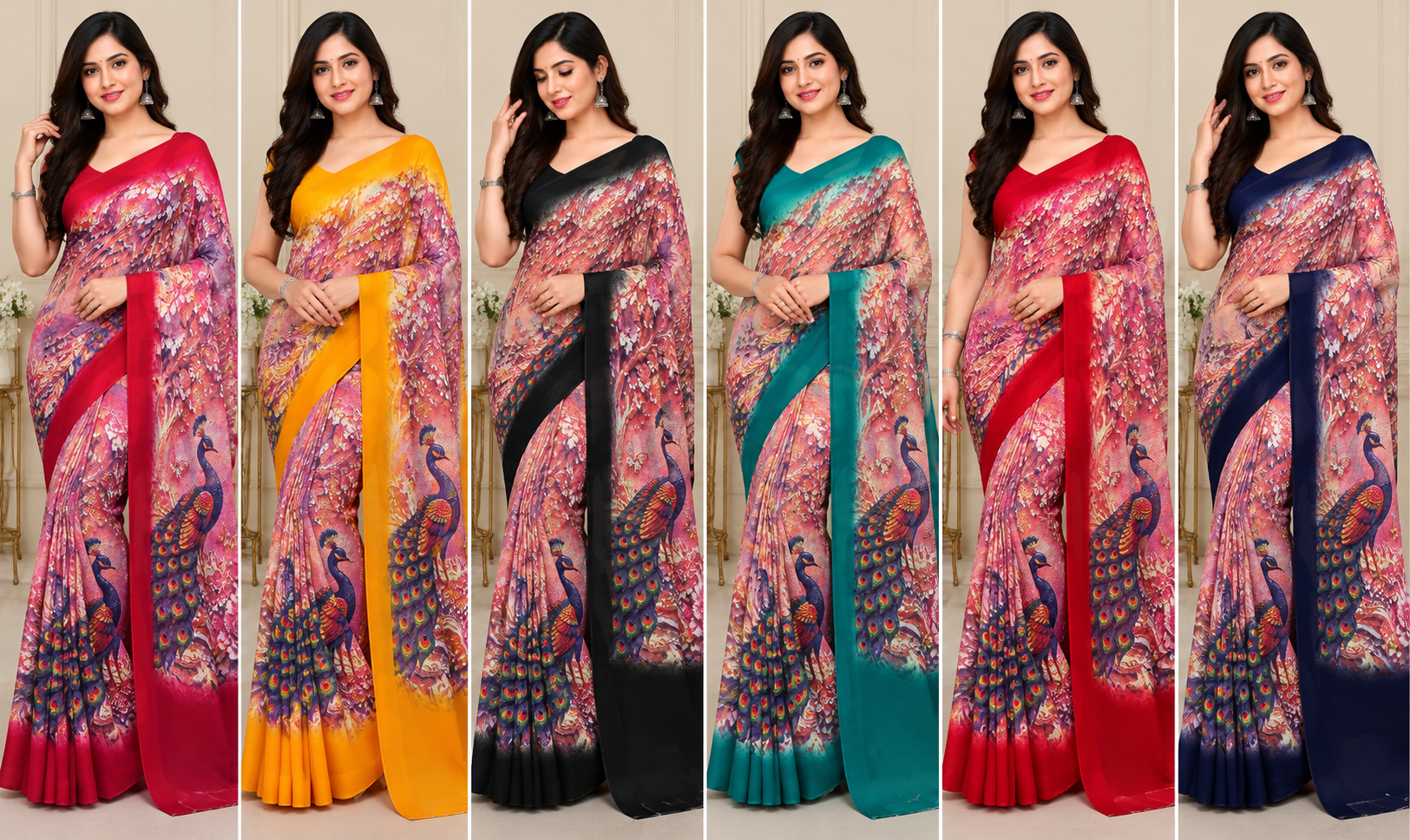 Weightless Printed Peacock Design Saree with Designer Border - 6 Pcs Set