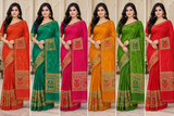 Weightless Green Printed Saree with Traditional Designer Border - 6 Pcs Set.