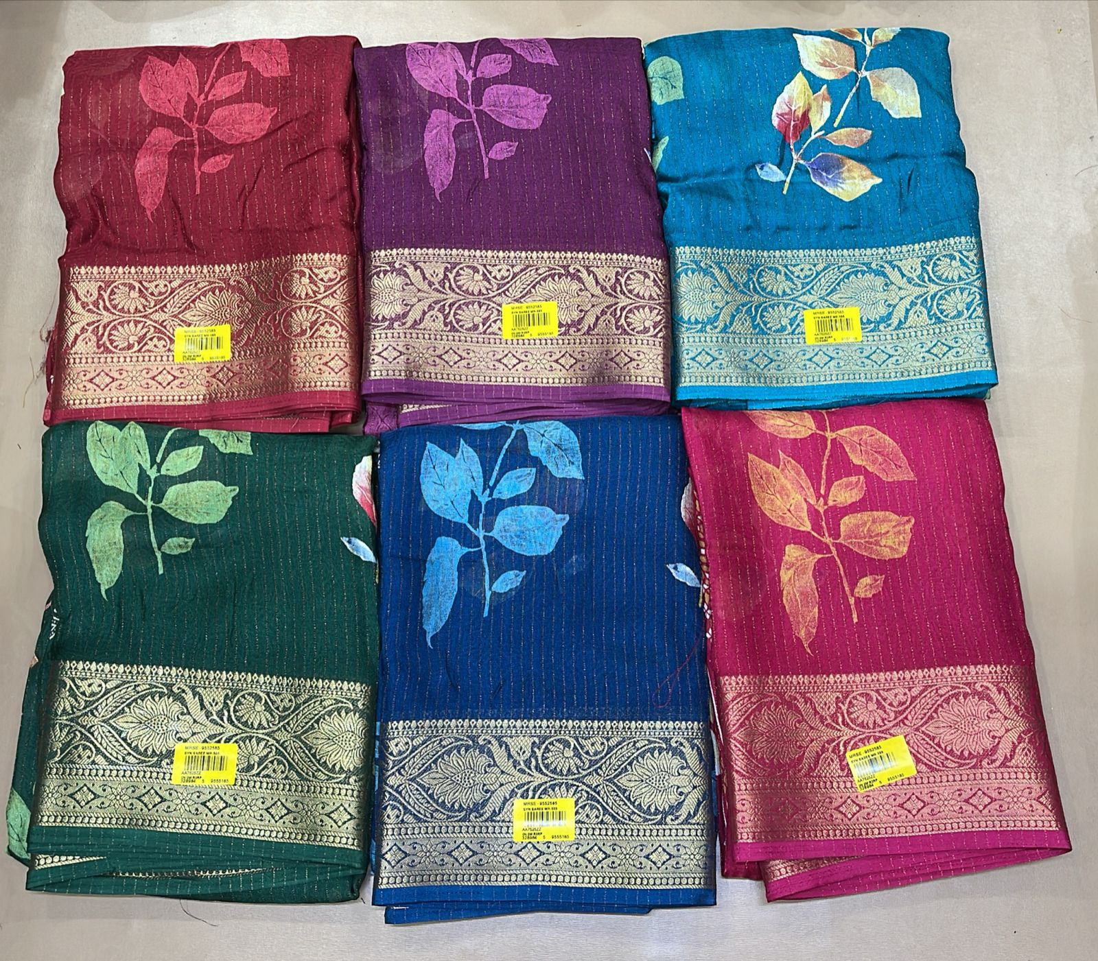 Leaf Printed Chiffon Saree 6 Pcs Set-Designer Heavy Zari Border Fancy Saree Collection-M.R. Saree Emporium