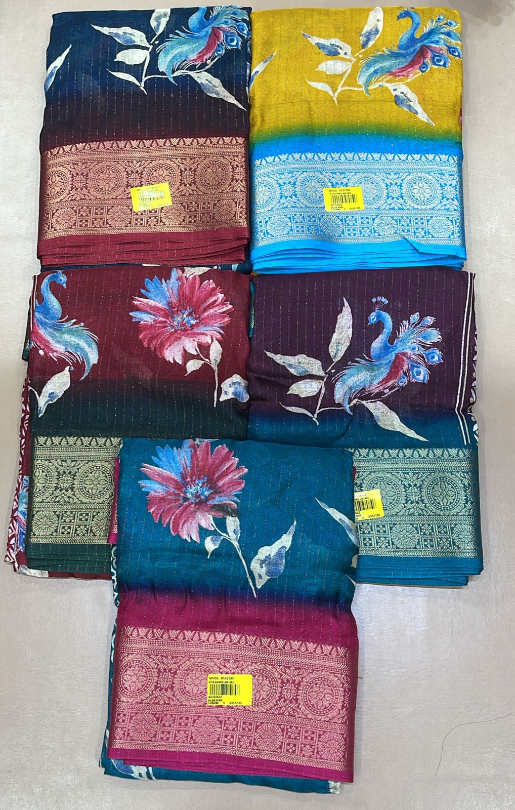 Peacock Printed Chiffon Saree 5 Pcs Set-Designer Floral Fancy Border Saree Collection-M.R. Saree Emporium