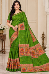 Weightless Green Printed Saree with Traditional Designer Border - 6 Pcs Set.