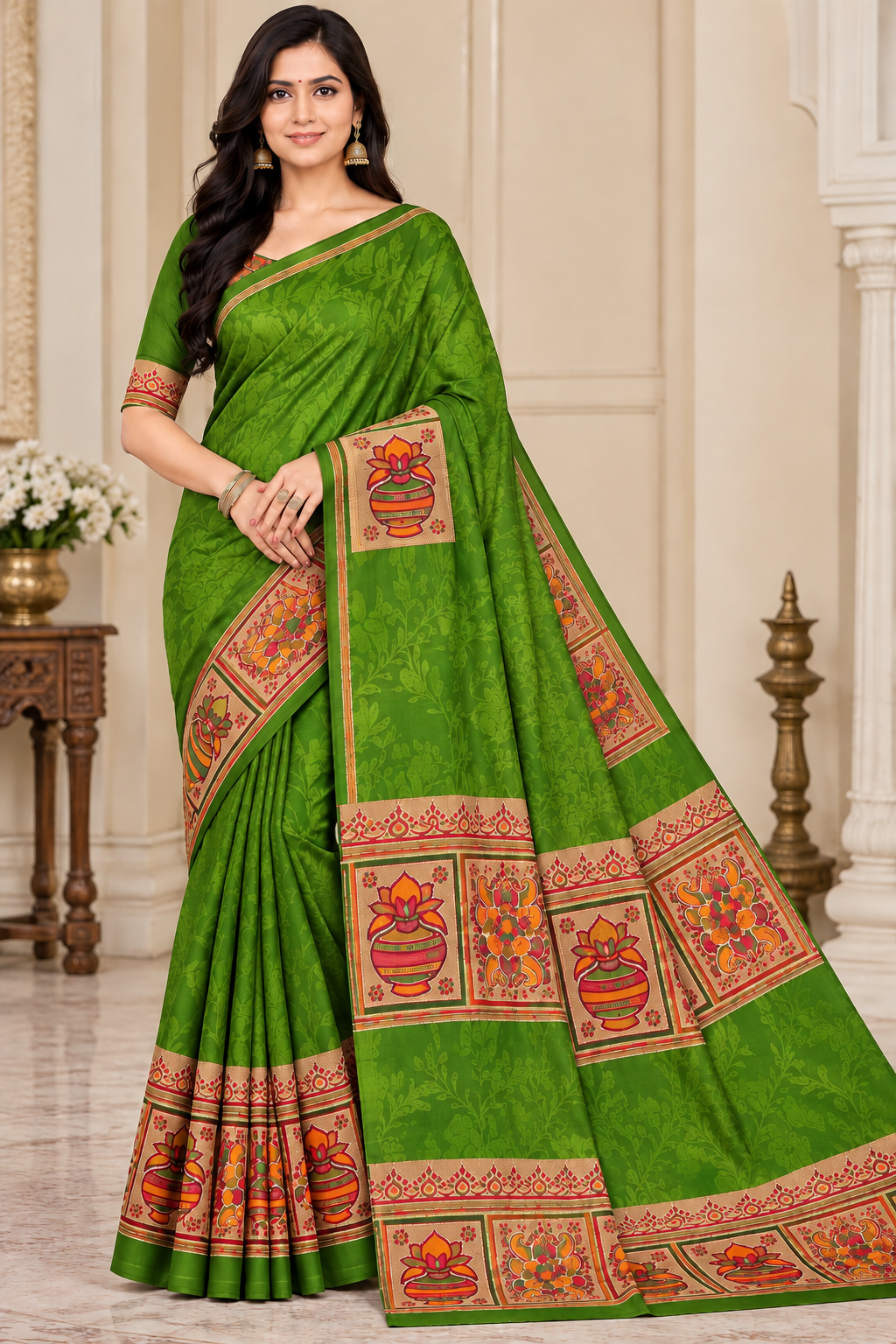 Weightless Green Printed Saree with Traditional Designer Border - 6 Pcs Set.