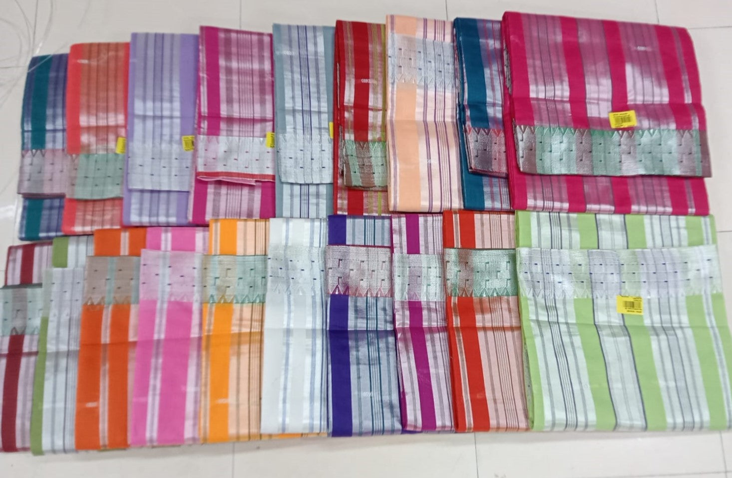 Traditional 9 Wari Cotton Saree Multi-Color Stripe Collection with Silver Zari Border – 19 Pcs Set-M.R. Saree Emporium