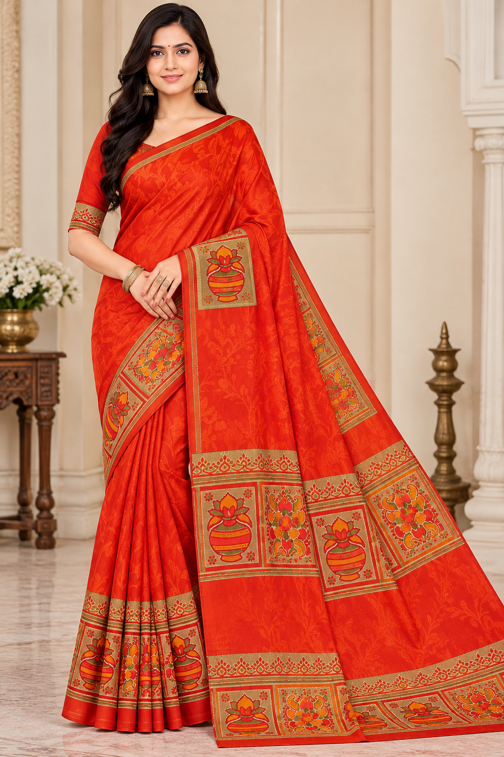 Weightless Green Printed Saree with Traditional Designer Border - 6 Pcs Set.