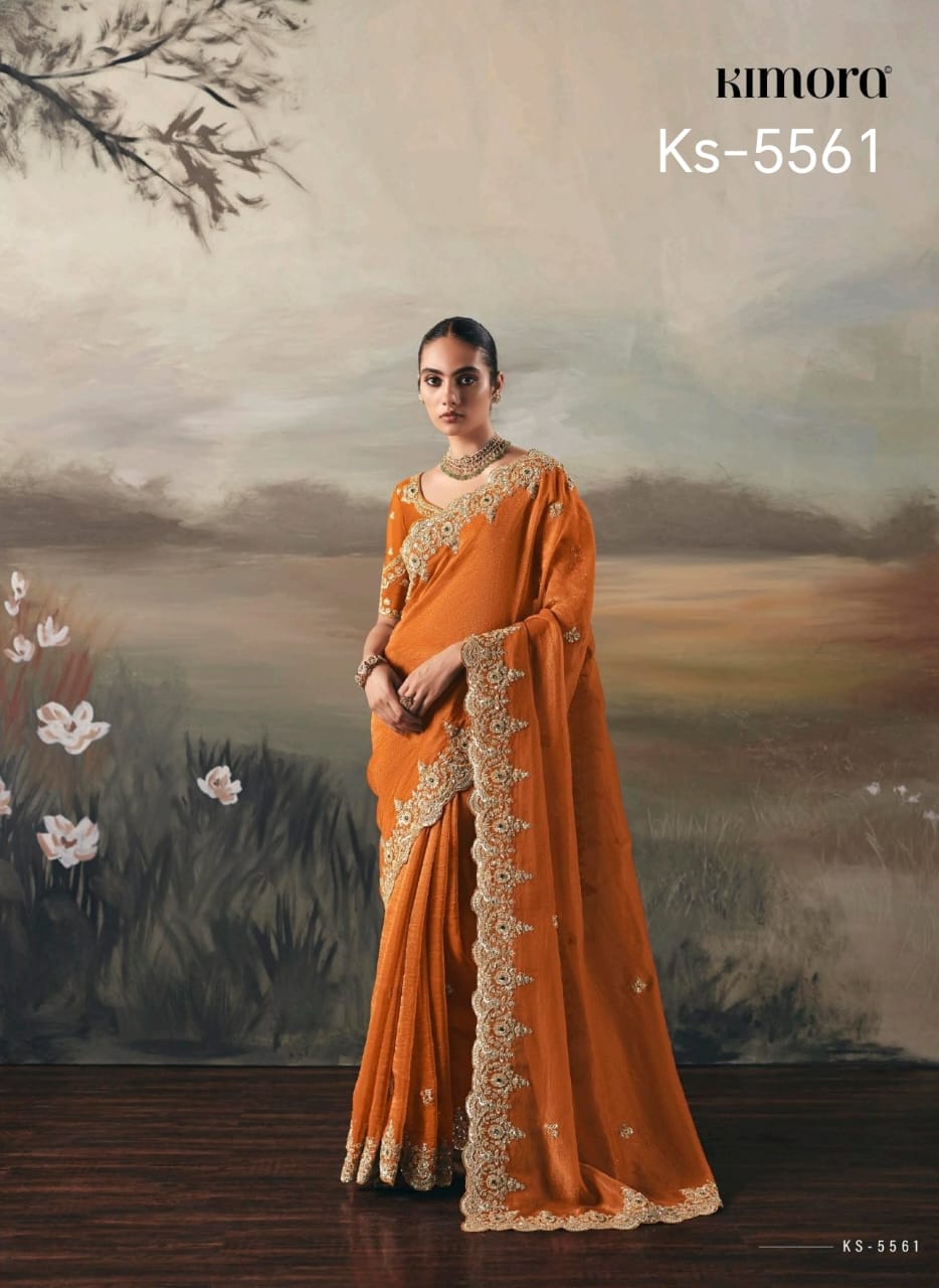Pure Fancy Tissue Saree with Designer Contrast Hand Work Blouse - Wedding & Party Wear