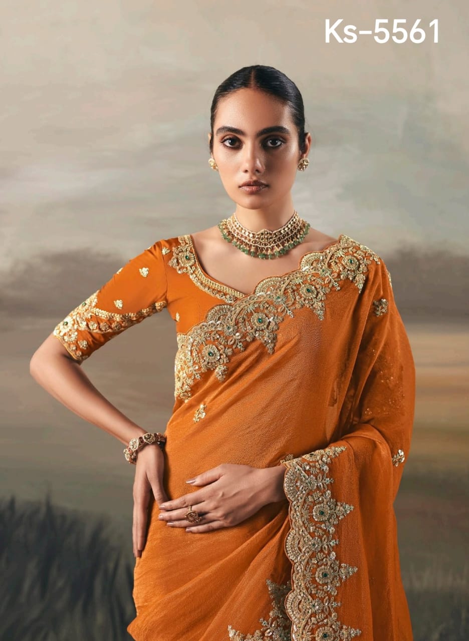 Pure Fancy Tissue Saree with Designer Contrast Hand Work Blouse - Wedding & Party Wear