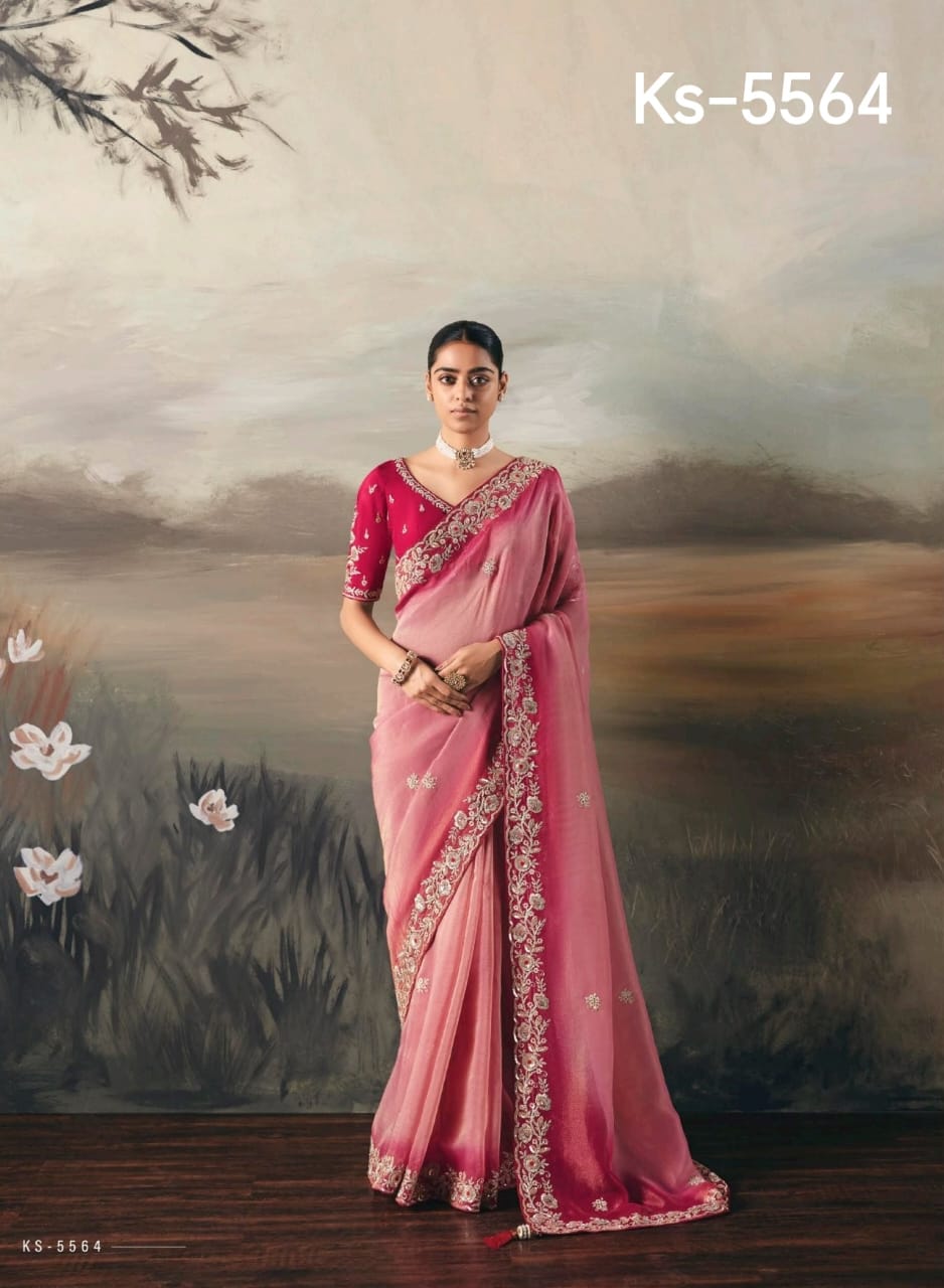 Kimora Silsila Pure Fancy Tissue Saree with Designer Handwork Blouse