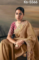 Pure Fancy Tissue Saree with Designer Contrast Hand Work Blouse - Wedding & Party Wear