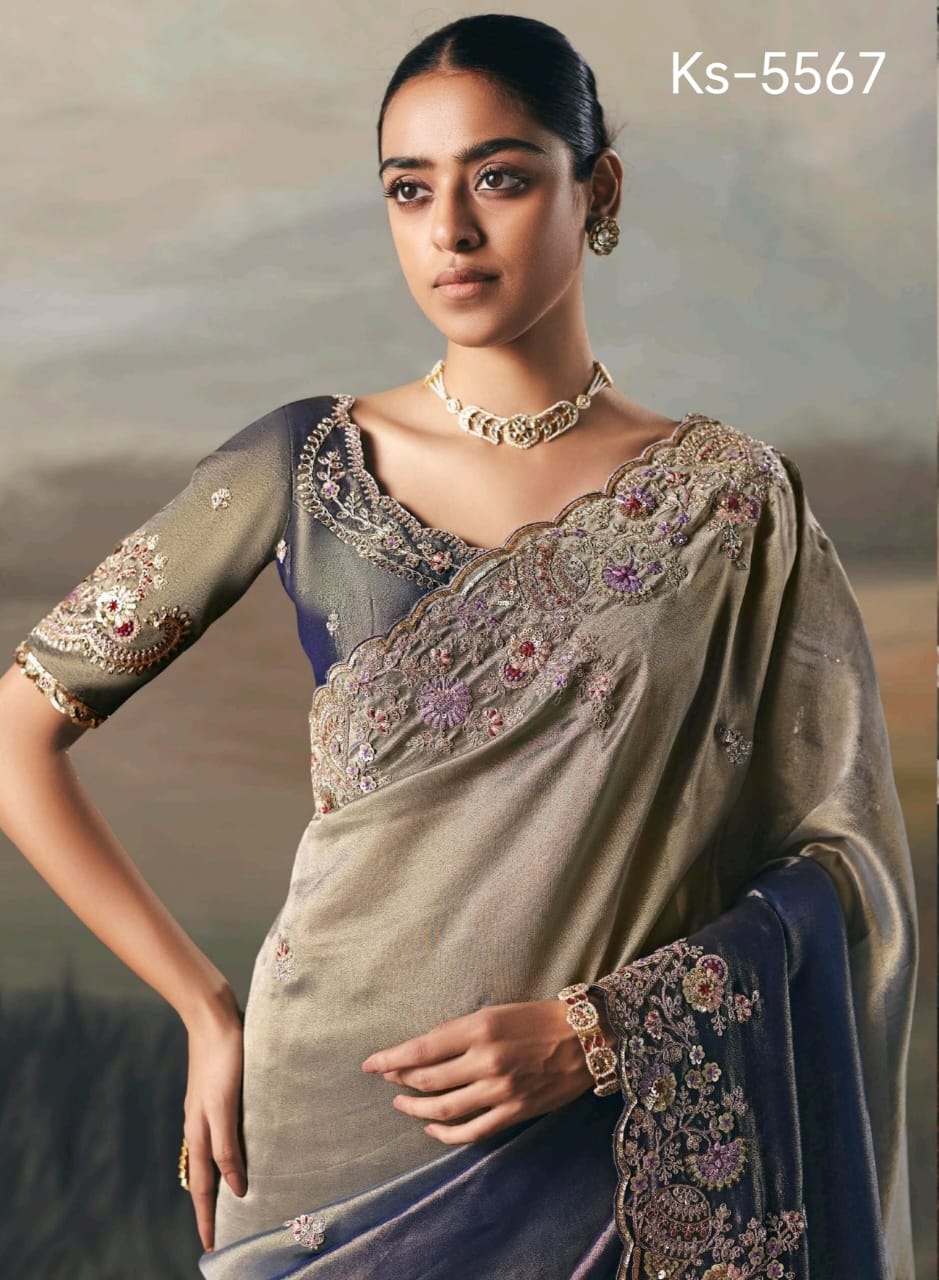 Pure Fancy Tissue Saree with Designer Contrast Hand Work Blouse - Wedding & Party Wear