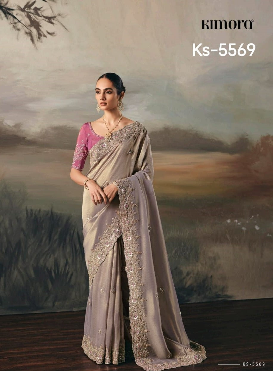 Pure Fancy Tissue Saree with Designer Contrast Hand Work Blouse - Wedding & Party Wear