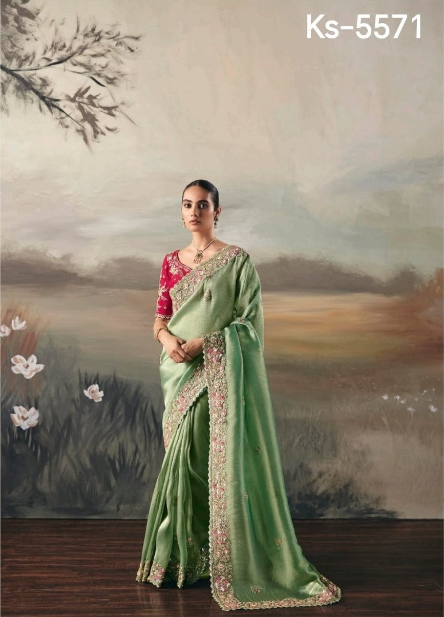 Pure Fancy Tissue Saree with Designer Contrast Hand Work Blouse - Wedding & Party Wear