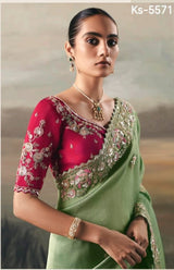 Pure Fancy Tissue Saree with Designer Contrast Hand Work Blouse - Wedding & Party Wear