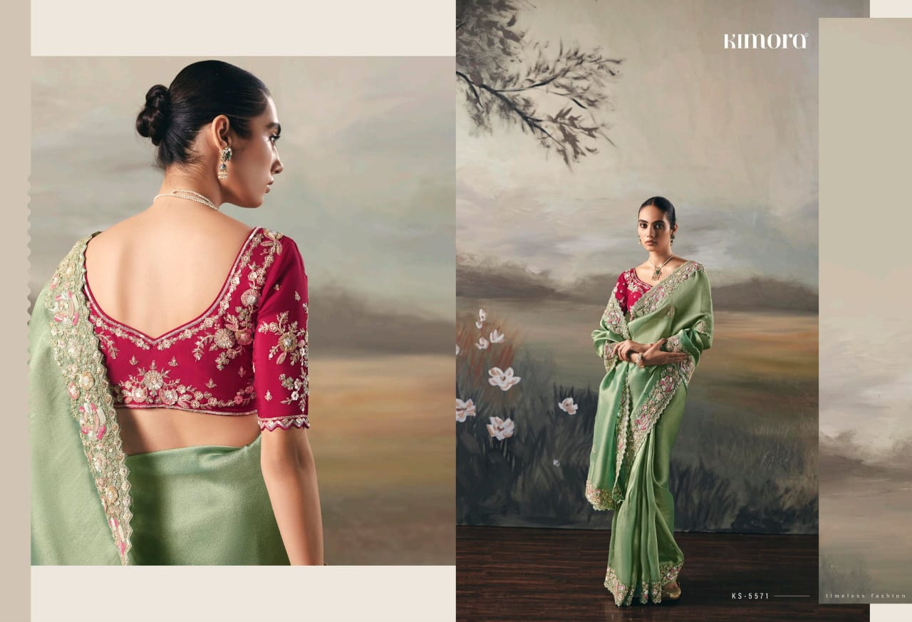 Pure Fancy Tissue Saree with Designer Contrast Hand Work Blouse - Wedding & Party Wear