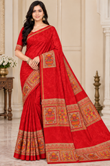 Weightless Green Printed Saree with Traditional Designer Border - 6 Pcs Set.