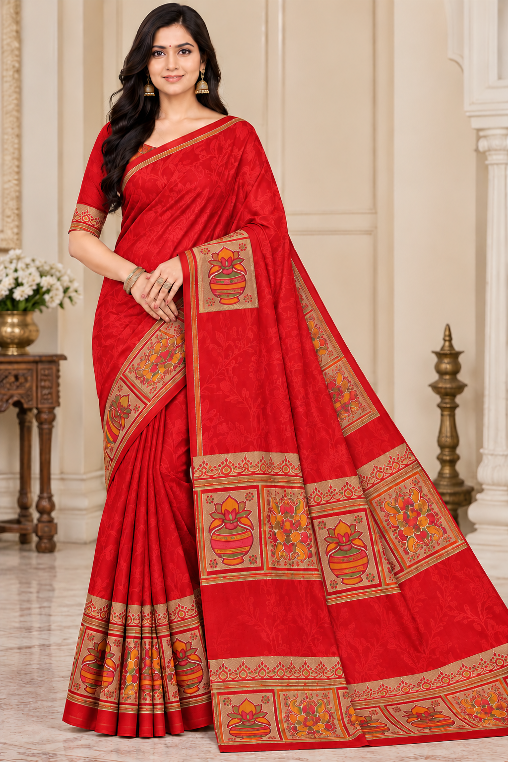 Weightless Green Printed Saree with Traditional Designer Border - 6 Pcs Set.