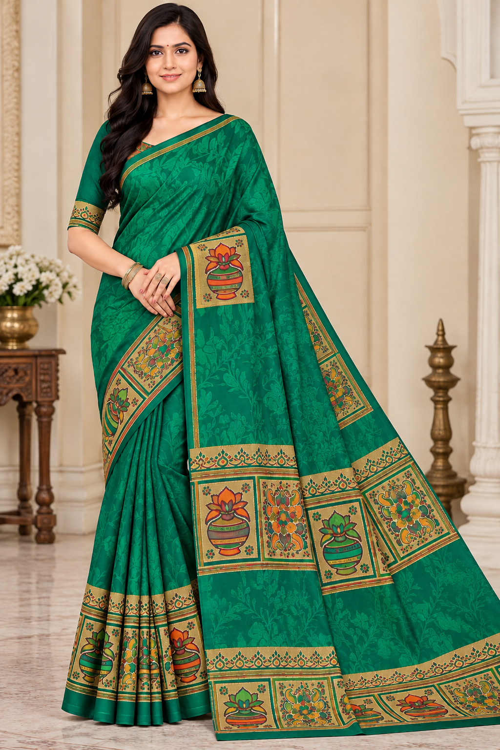 Weightless Green Printed Saree with Traditional Designer Border - 6 Pcs Set.
