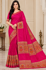 Weightless Green Printed Saree with Traditional Designer Border - 6 Pcs Set.