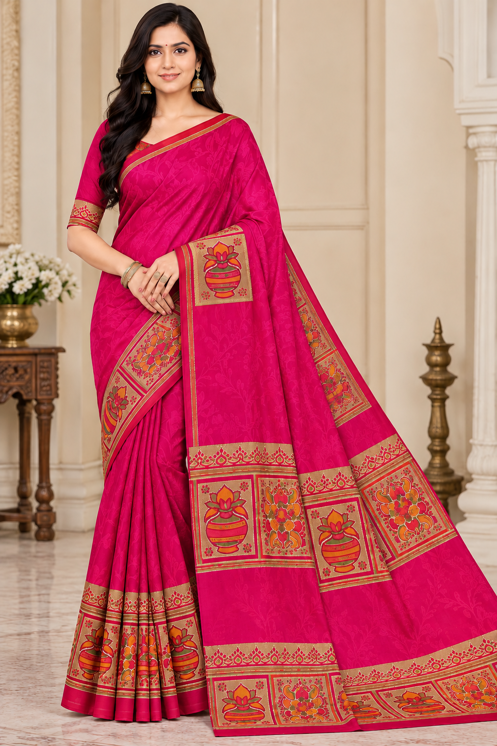Weightless Green Printed Saree with Traditional Designer Border - 6 Pcs Set.