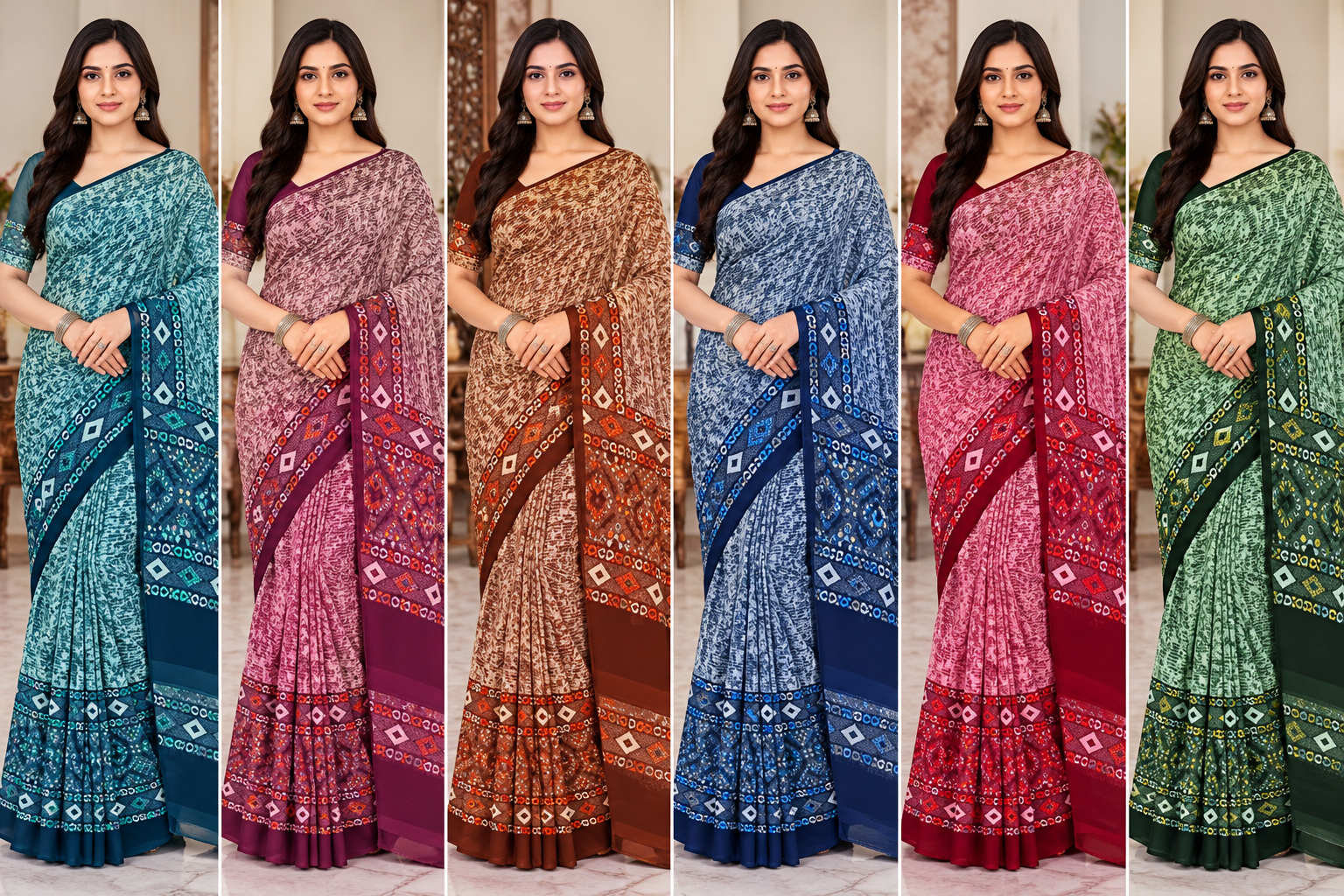 Weightless Teal Blue Printed Saree with Designer Border -6 Pcs Set.