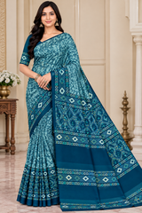 Weightless Teal Blue Printed Saree with Designer Border -6 Pcs Set.