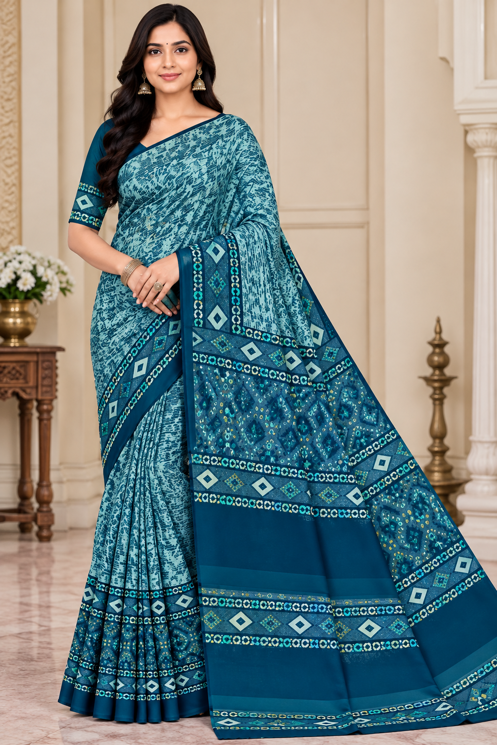 Weightless Teal Blue Printed Saree with Designer Border -6 Pcs Set.