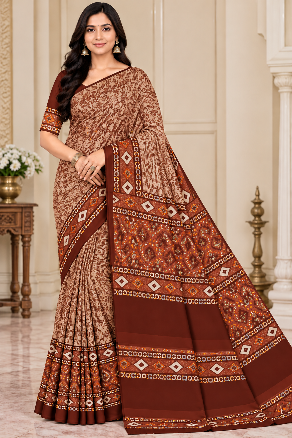 Weightless Teal Blue Printed Saree with Designer Border -6 Pcs Set.