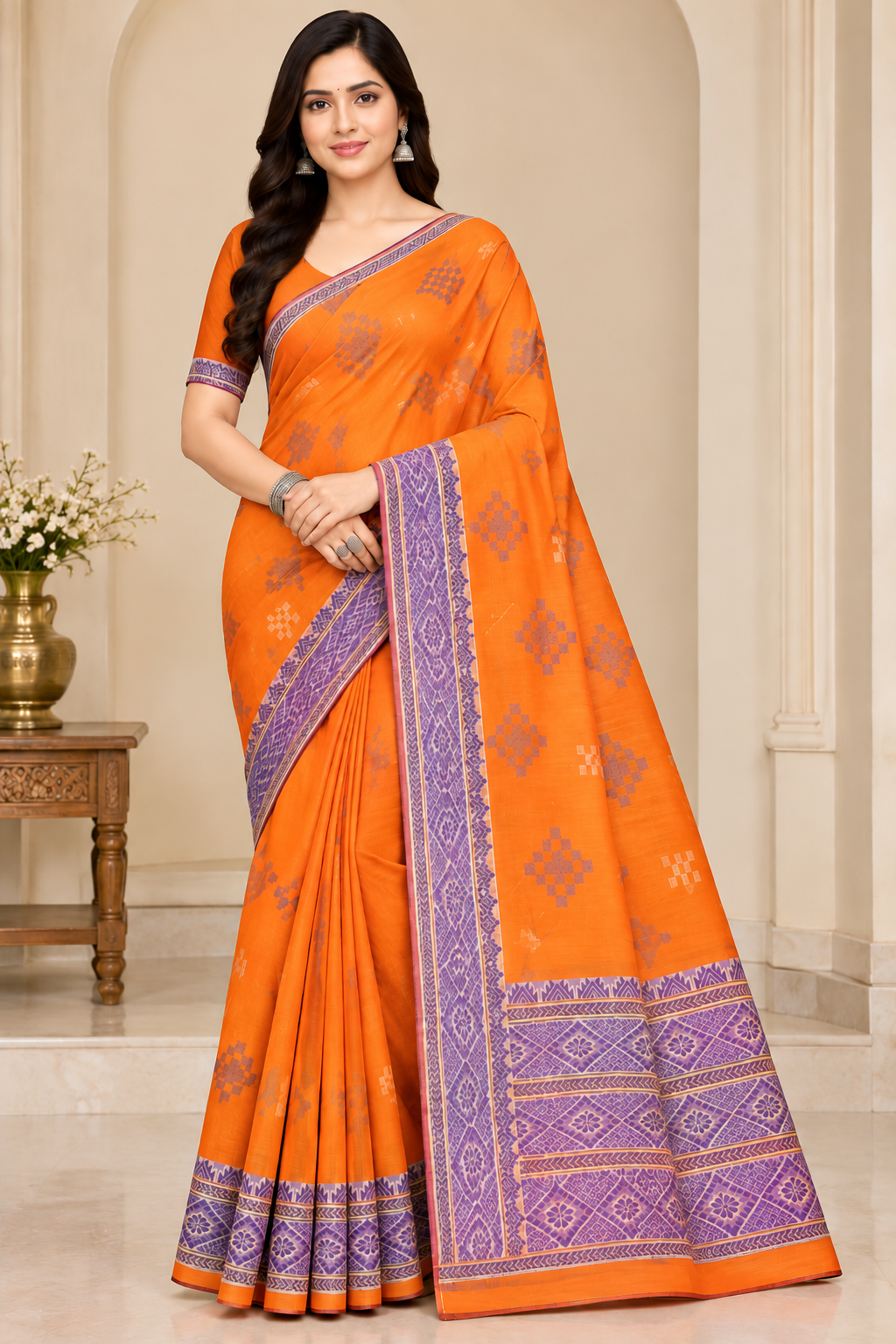 Cotton Green Woven Border Designer Saree - 14 Pcs Set