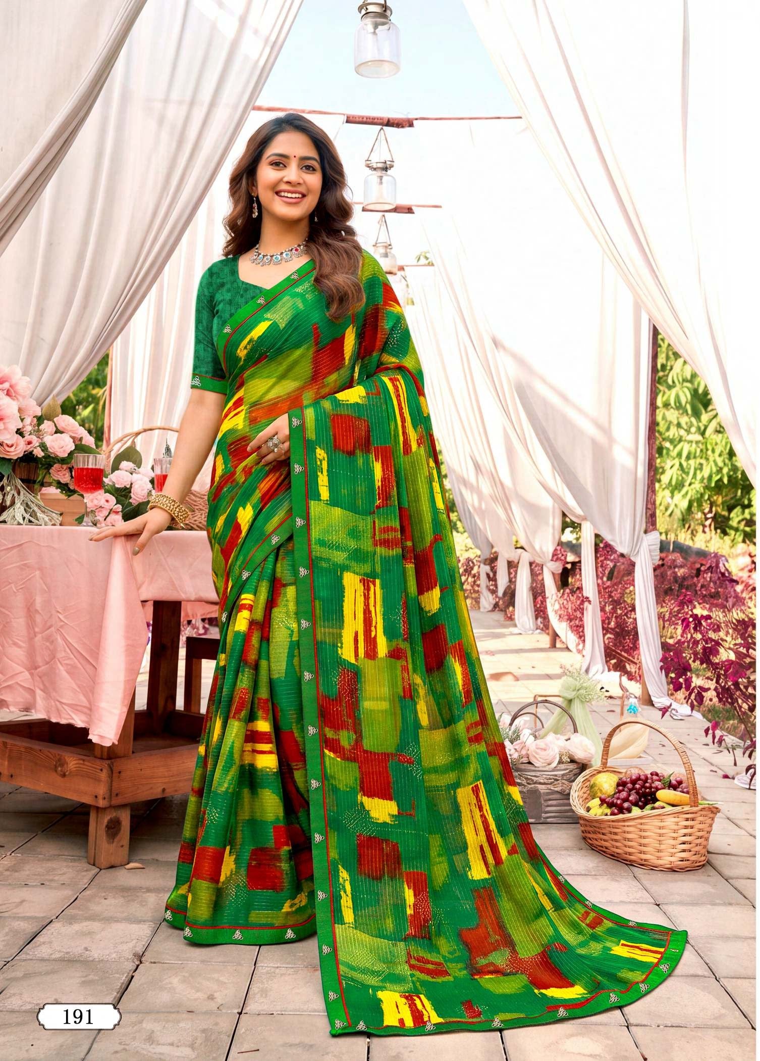 Ladorani Tulsi Printed Saree with Designer Border 8 pcs set