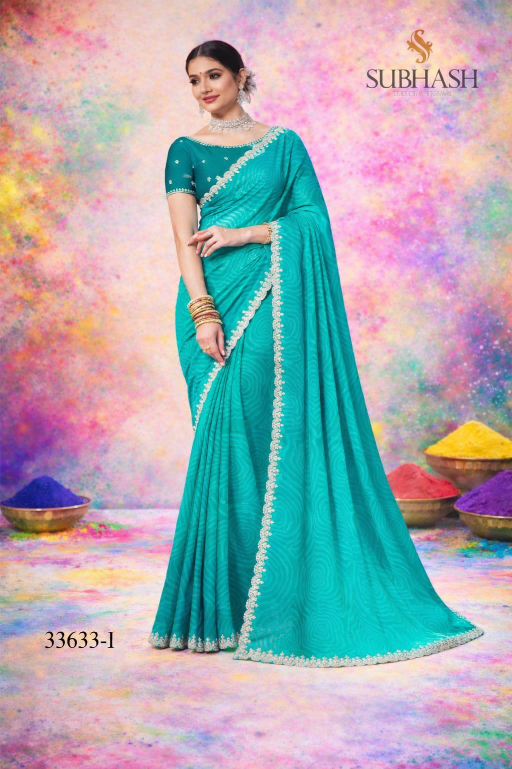 Subhash Sanskriti Saree Design No. 33633-I – Sea Green Designer Festive Saree with Swirl Print & Lace Border-Single Pcs-M.R. Saree Emporium
