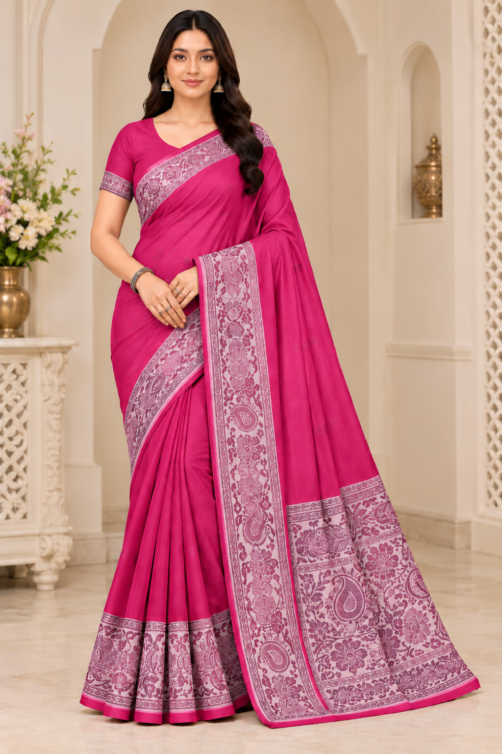 Cotton Green Traditional Jacquard Border Saree - 15 Pcs Set.
