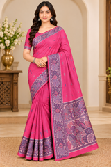 Cotton Royal Blue Designer Saree with Floral Jacquard Border-14 Pcs Set.