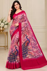Weightless Printed Peacock Design Saree with Designer Border - 6 Pcs Set