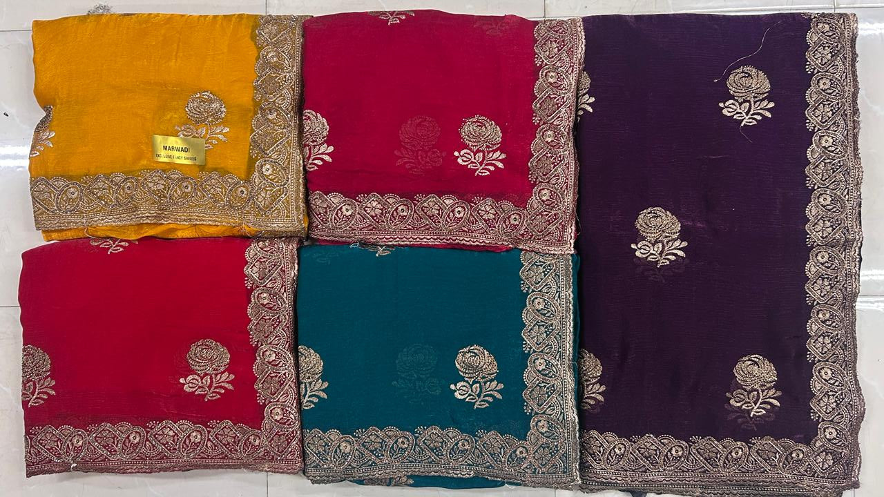 Designer Gold Satar Fabric Saree 5 Pcs Set With Zari Weaving Bootie & Rich Zari Border – Party Wear Collection-M.R. Saree Emporium